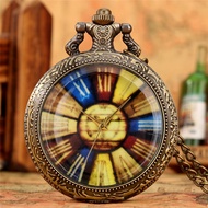 Retro Rainbow Men Women Quartz Pocket Watch Necklace Chain Roman Number Dial