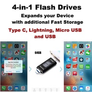 128 GB 4-in-1 Flash Drive - Supports Lightning + Type C + USB + Micro USB - Allows Easy Data Exchange