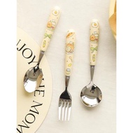 藍蓮花面包兔兔年餐具304不銹鋼飯勺陶瓷手柄叉子網紅湯勺三件套