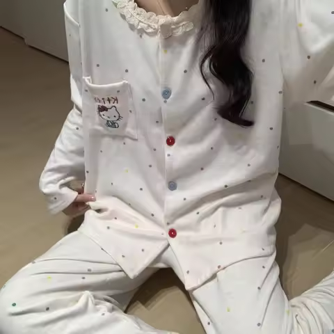 Anime Pajamas Set Autumn Winter Sanrio Hello Kitty Home Wear Set Women's Long-Sleeved Shirt Pants 2-