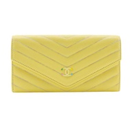 【日本直送】香奈兒 CHANEL V Stitch 長夾 經典 CC Logo 羊皮 黃色 女用【二手】