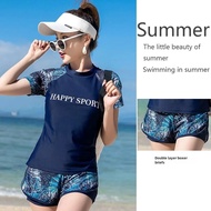 New Fashionable Plus Size Women's Swimsuit Set Conservative Short Sleeves High Waist Swimwear 2-Piec