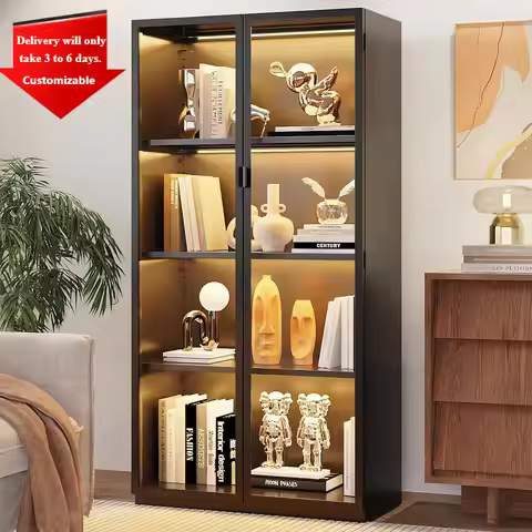Cabinet with Glass Doors and LED Lights, Display 3 Adjustable Shelves,4 Tier of Storage Space Curio