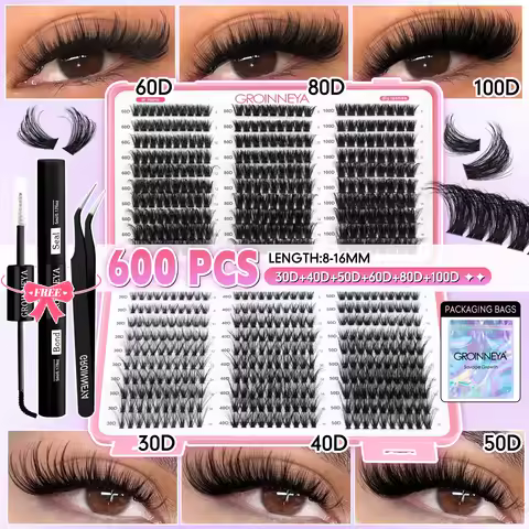 GROINNEYA DIY Cluster Lashes Set Fluffy Lash Clusters Kit Full Set Individual Eyelashes Extension Mi