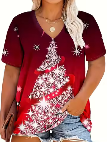 Plus Size 1XL-5XL New Women's V-neck Casual T-shirt Women's Fashionable and Comfort Christmas Printe