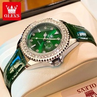 OLEVS Jam Tangan Perempuan Original Waterproof Quartz Luminous Leather Casual Green Watch Women 9945