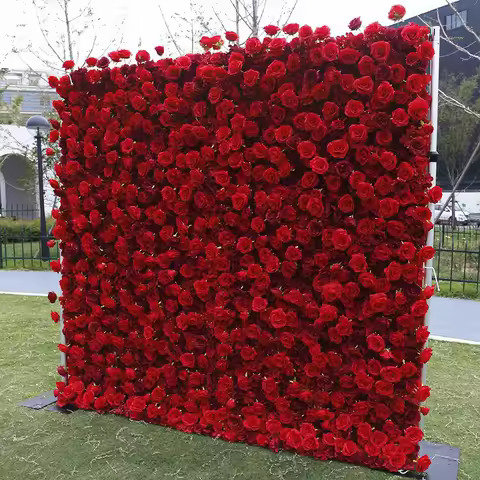 2.4m/8ft Flower Wall 5D Cheap Red Rose Artificial Burgundy Fabric Cloth Roll Up Floral Wall Wedding 