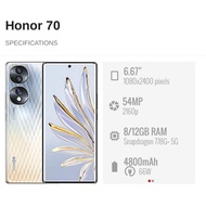 USED HONOR 70 5G (6.67") || (8GB RAM+256GB ROM) Google Mobile Services Available || Honor Malaysia S