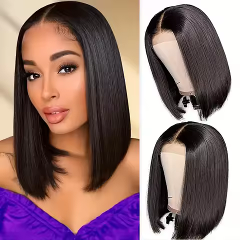 Lace front wig, BoBo style, black , high-temperature fiber, middle parting, inward curl, short strai