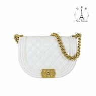 【巴黎站二手名牌專賣店】＊現貨＊CHANEL香奈兒真品＊AS3350白色菱格紋荔枝牛皮金色BOY半圓斜背包