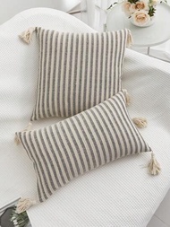 1個灰白色條紋彩色流蘇圖案北歐風格枕套,適用於客廳、臥室、沙發、床頭、柔軟靠墊套、室內抱枕套,全季節適用