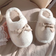 2025 Winter Slippers Furry Warm Bow Girls Home Slippers Furry Shoes Baotou Slippers Muller Shoes