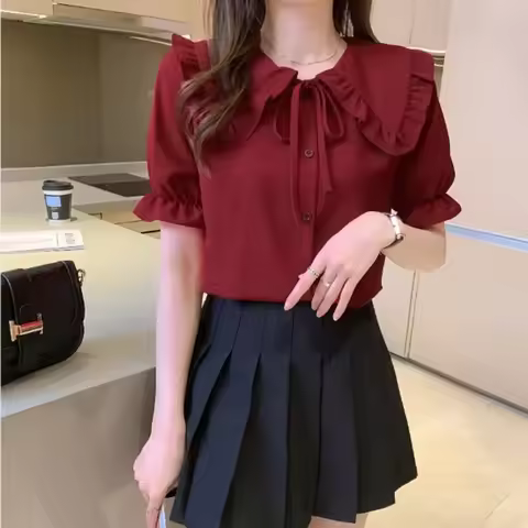 With Bow Crop Summer Frill Shirts & Blouses for Women Woman Top Ruffle Y2k Fashion Elegant and Youth