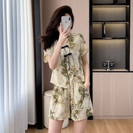 时尚气质雪纺v领新中式盘扣套装休闲短裤洋气两件套夏小个子显瘦26.3.10