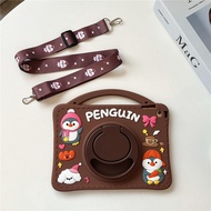 Brown Penguin Cute Kids Case For iPad Mini 1 2 3 4 5 6 Air 9.7" 10.2" 4th/5th/6th/7th/8th/9th/10th Gen Pro 10.5" 10.9" 11 2022/21/20/19/18 Lanyard Handle Silicone Cover