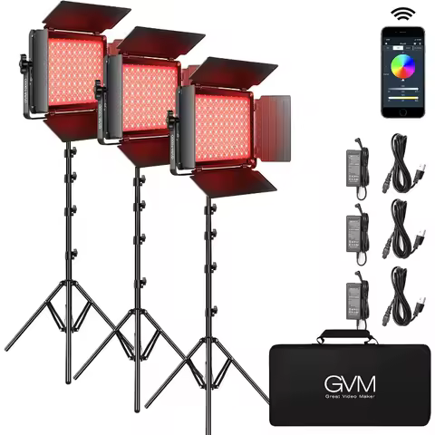 GVM RGB Video Light Panel,3-Pack 1000D LED Photography Lighting Kit,45W 3200-5600K 360° Full Color S