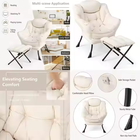 Upholstered Lounge Armchair with Ottoman, Accent Sofa Chair with Ottoman, Side Storage Ottoman, Beig