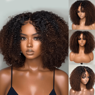 180% Density Pre-Cut Lace Afro Kinky Curly Human Hair Wig 4x4 Glueless Lace 1B Brown Color Curly Wig