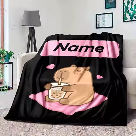 Personalized Bear Blanket Cute Cartoon Bear Drinking Bubble Tea Pink Hearts Custom Name Soft Fleece 