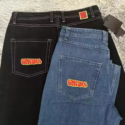 Empyre American Retro Embroidered Skateboarding Jeans Street Style Wide Leg Pants Hip Hop Casual Loo