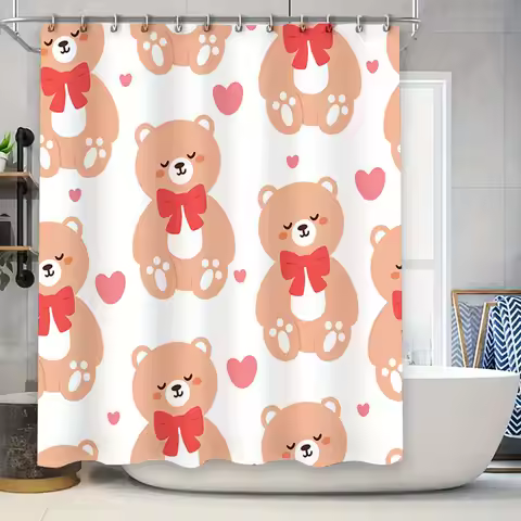 Teddy Bear Shower Curtain with Bowknot Print for Bathroom Decor Pink Red Hearts Pattern 160x180cm La