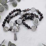 Catholic Rosary St Benedict Rosary Silver Sheen Black Obsidian St Benedict Crucifix & Medal Baptism