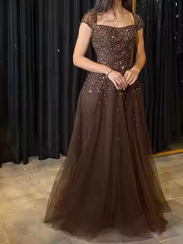 Contessa Custom Chocolate Square Neck Cap Evening Dress Crystal Sequin Prom Dresses Tulle Vestidos D