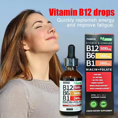 Vitamin B1 B6 B12 Multiple Vitamin B Complex Liquid Drops Raspberry Flavor Vegan Non-GMO Supplement 