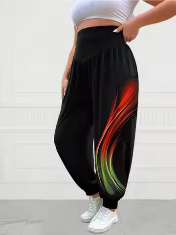 Plus Size 1XL-5XL Women's Gradient Printed Baggy Jogging Pants Casual Elastic Mid Rise Loose Yoga Pa