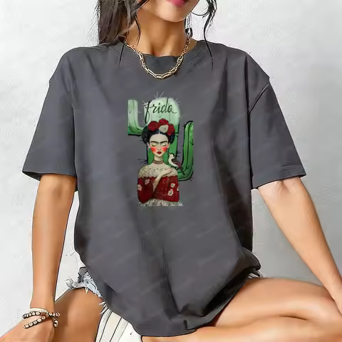 Vintage Mexico Cultural Frida Kahlo Cactus Art Print T-Shirt Cinco De Mayo Casual Fashion Trendy Uni