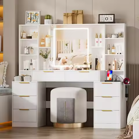 Large Makeup Vanity Desk with Lighted Mirror & Power Outlet,Vanity Desk Dresser Table with 3 Lightin