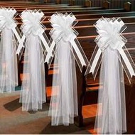 A Set Of White Wedding Bench Bows With Long Tulle Tails, Wedding Bench Bows For Church Chair Aisle D