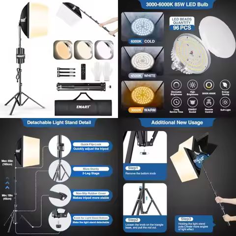 Softbox Lighting Kit, 16"X16" Soft Box, 3000K-6000K 85W LED Bulbs with Remote, 65" Tripod, Professio