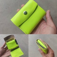 螢光黃真皮極簡小短夾 紙鈔不折疊設計 栃木皮革製作