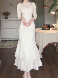 ชุดราตรีผ้าลูกไม้ปักสไตล์จีนใหม่ GUYI Linglong เสื้อผ้าแต่งงาน กระโปรงยาว แขนยาว คอวี ช่วงไหล่เข้ารู