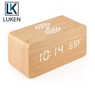 LUKEN Wooden Digital Alarm Clock with Wireless Charging, LED Clock with Time, Date,Temperature, Desk Clocks for Office,Bedside Clock