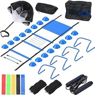 PATIKIL Speed and Agility Training Equipment, Soccer Training Equipment Set Includes Agility Ladder Parachute 4 Adjustable Hurdles Jump Rope 16 Cones Bands for Soccer Training, Blue