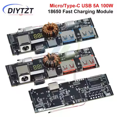 DIYTZT QC4.0 QC3.0 LED Dual USB PD Fast Charge 5A 100W Micro/Type-C USB Mobile Power Bank 18650 Char