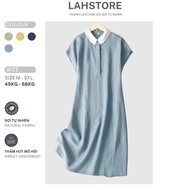 LAHSTORE straight linen dress with chiffon shirt collar and embossed sleeves, youthful and elegant D