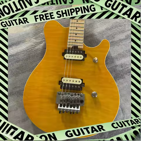 Wooden Yellow Double Shake EVH Shaped Electric Guitar with Poplar Body and Maple Neck HH Pickup Free