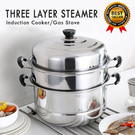 High Quality  3 layers Stainless Steel Steamer Soup Pot Heightening &amp; Thickening Steaming Grid, Efficient Anti Scalding Handle, Heightening the body of the pot Folding storage, suitable for stoves Visual lid  big for Siomai and Siopao  Stainless Steamer