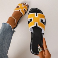 Giày sandal đế bằng màu đen và trắng quai chữ H cho nữ, Giày đi biển đế bằng mùa xuân/hè mới, Quà tặ