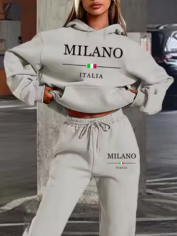 Women's autumn and winter fashion casual MILANO ITALIA printed and plush thick warm hooded sweatshir