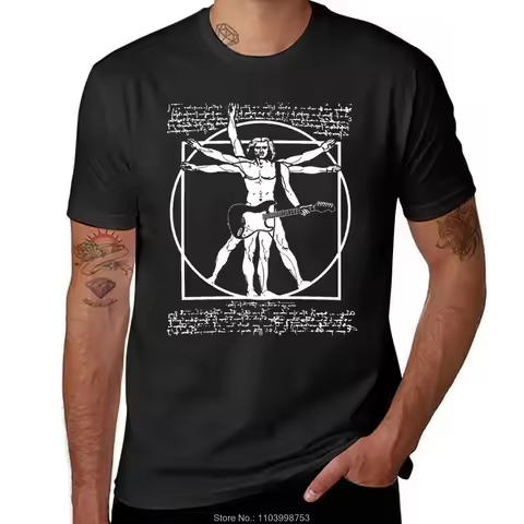 LEONARDO DA VINCI PARODY T-Shirt Plain Designer VITRUVIAN MAN PLAYING THE GUITAR - DA VINCI GUITARIS