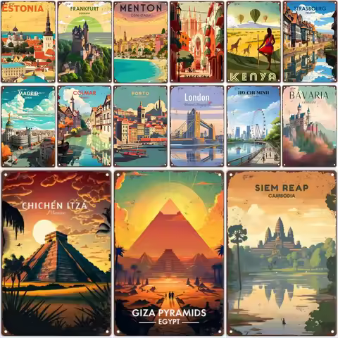 Travel Round The World Vintage Metal Sign.KENYA,EGYPT,PYRAMIDS Retro Poster,Home,Bar,Room,Hotel,Cafe