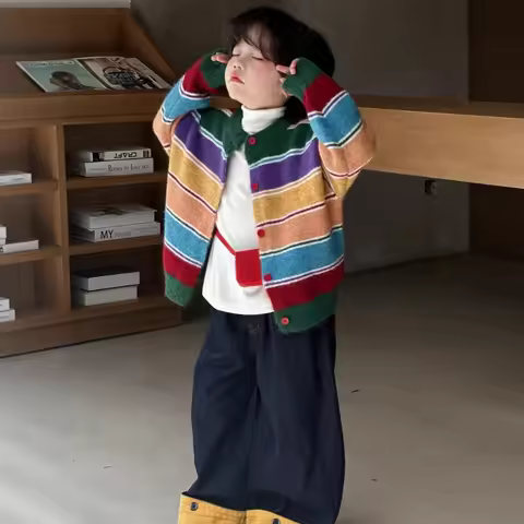 6829T Children Knitted Sweater 2025 Autumn Korean Retro Rainbow Baby Boy's Cardigan Coat Striped Kni