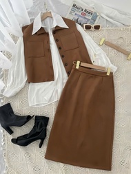 Set bộ áo gile chân váy da lộn phối áo sơ mi dáng rộng trendy A2197 - A2198