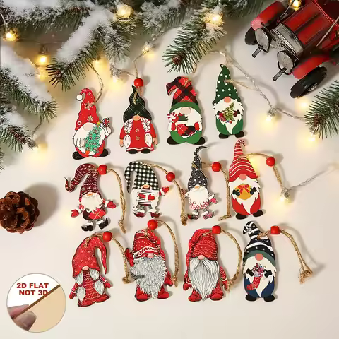 2D Flat - Set of 12 Christmas Faceless Gnome Wooden Ornaments, Xmas Tree & Holiday Party Hanging Dec