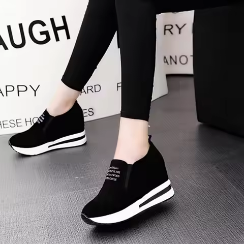 High Platform Shoes 2024 Spring Breathable Suede Sneakers Hidden Increasing Sport Shoes Women Wedge 