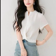 8401 Fesyen Musim Panas Baru Blaus V-neck Warna Solid Longgar Serbaguna Lengan Pendek dengan Hem Ber